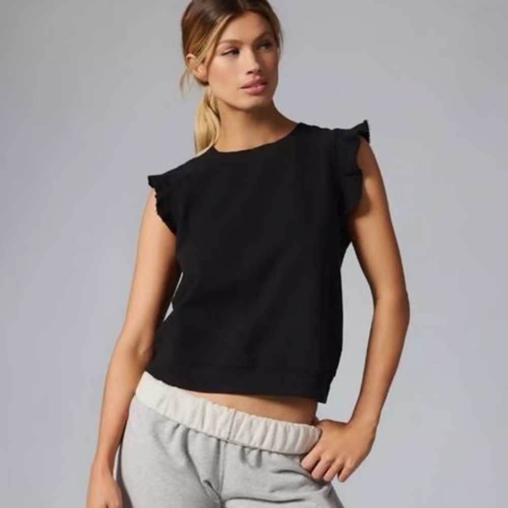 Anthropologie T.La Ruffle Short Sleeve Cutoff Knit Crewneck Knit Top Shirt Black